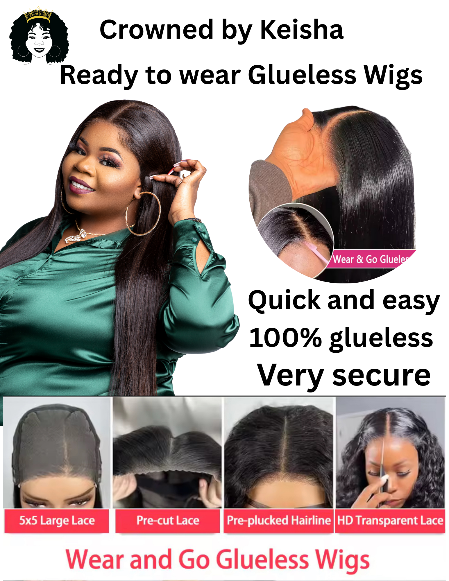 Crowned by Keisha PRE- Everything Straight 7×5 HD lace Closure wig with drawstring, 100% Gluless, 30 second install, no glue, no spray, no gel, ready to wear wig